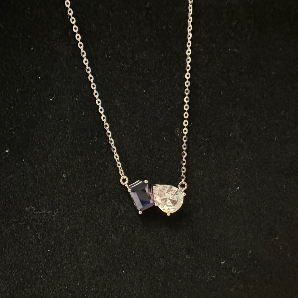 14k White Gold Plated S925 Sterling Silver - Rectangle and Water Drop Necklace